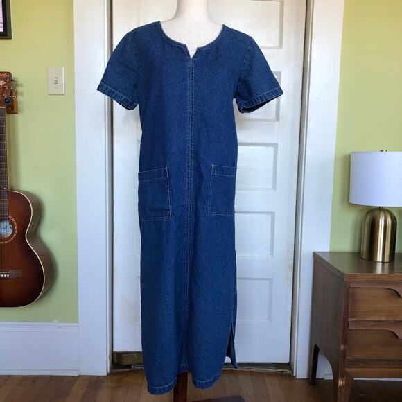 Vintage Original TY Wear Denim Midi Dress M Pocket 90s Revival Minimalist Fall - Picture 1 of 9